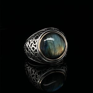 Labradorite Gemstone Celtic Men&#39;s Ring, Gothic Sterling Silver Ring, Handmade Jewelry, Celtic Band in Vintage Style Ring, Statement Ring