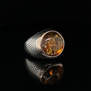 Handcrafted Amber Gemstone Ring, Stylish Men's Jewelry Accessory and Timeless Statement Piece