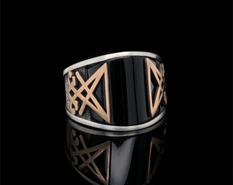 Baphomet Inspired, Unique Silver Ring with Onyx Stone for Satanists