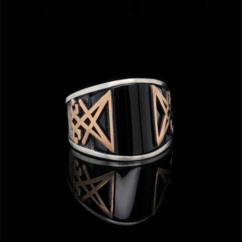 Baphomet Inspired, Unique Silver Ring with Onyx Stone for Satanists