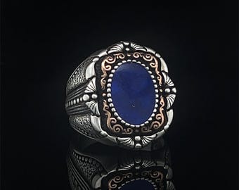 Handmade Oval Lapis Lazuli Ring for Men in Silver, Unique Wedding Jewelry