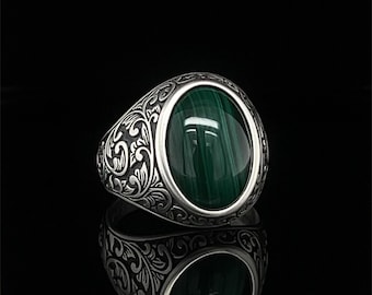 Malachite Signet Ring, 925 Sterling Silver Oval Stone, Mid-Century Design