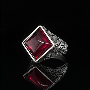 Bague bohème en argent sterling rubis rouge, pièce originale gravée