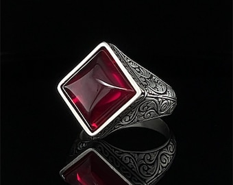 Bohemian Red Ruby Sterling Silver Ring, Engraved Statement Piece