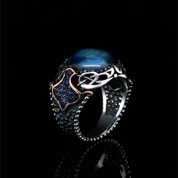 Men’s Blue Gemstone Coctail Ring, Tiger's Eye Jewelry, Turkish Handmade 925k Sterling Silver Ring, Signet Men Ring, Anniversary Gift Him