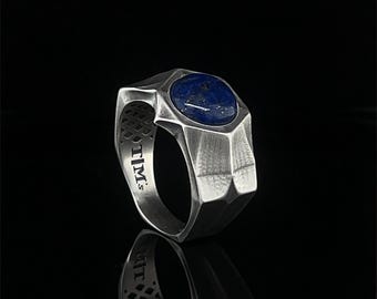 Men's Geometric Ring in Oxidized Silver with Inlaid Blue Lapis Lazuli,  Bold Statement Piece