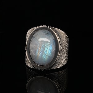 Mondstein Herrenring, Sterling Silber Gehämmert Ring, Regenbogen Mondstein, Chunky Ringe, Handgemacht, Echter Mondstein Ring