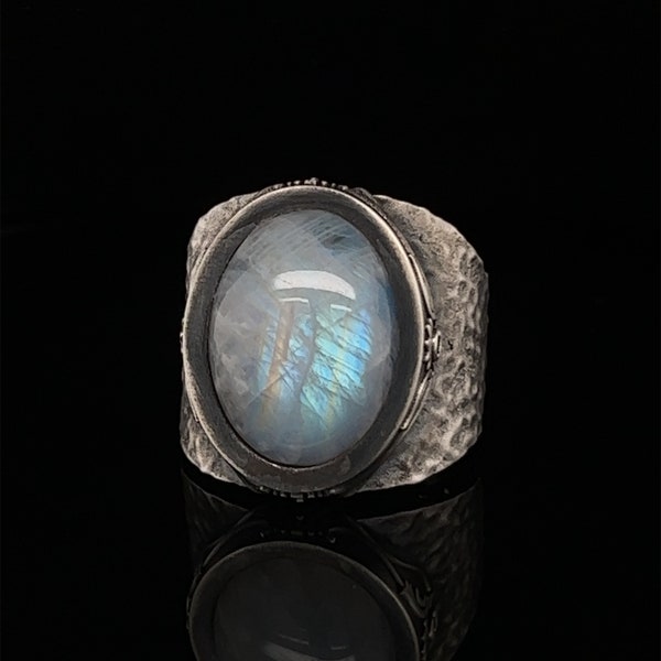 Moonstone Men's Ring, Sterling Silver Hammered Ring, Rainbow Moonstone, Chunky Rings, Handmade, Genuine Moonstone Ring