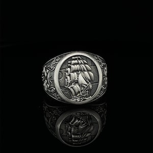 Sailboat Men&#39;s Ring, Viking Pirate Ship Ring, 925 Wind Rose Anchor Ring, Seaman Jewelry, Silver Ship Ring, Handmade, Gift For Sailor