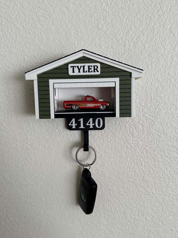 3D Printed Key Holder with Garage | Hot Wheels Display, Custom Name & Address Sign