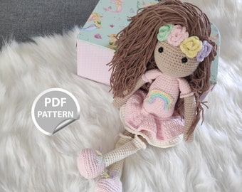 Crochet Doll Pattern, Amigurumi Girl with Rainbow (PDF Download)