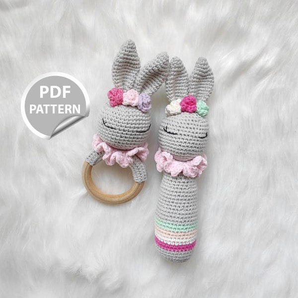 Set of 2 PDF patterns, Newborn toy Crochet bunny Rattle, Crochet pattern, Bunny Teething Ring Crochet Pattern rattle toy bunny, tutorial PDF