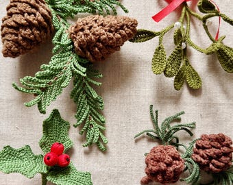 Christmas Crochet Pattern Bundle 4in1, Mistletoe Holly Berry Pinecone Spruce Branch PDF Tutorial, Winter Botanical Holiday Ornament Pattern