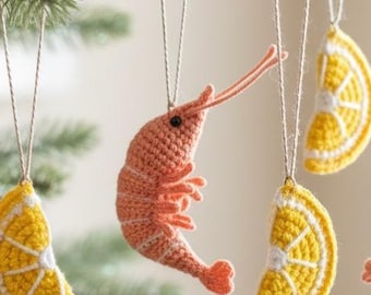 Crochet Shrimp & Lemon pattern - Amigurumi seafood and citrus - Bag charm, keychain, magnet
