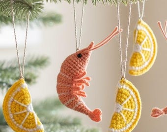Patrón de camarones y limón a crochet - Amigurumi de mariscos y cítricos - Colgante para bolso, llavero, imán