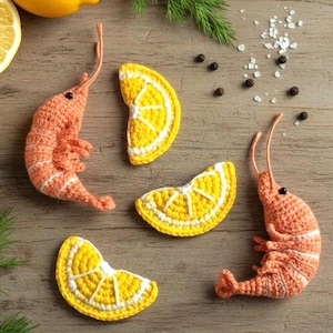 Crochet Shrimp & Lemon pattern - Amigurumi seafood and citrus - Bag charm, keychain, magnet image 4