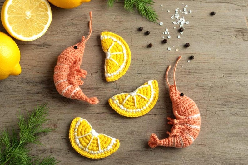 Crochet Shrimp & Lemon pattern - Amigurumi seafood and citrus - Bag charm, keychain, magnet image 4