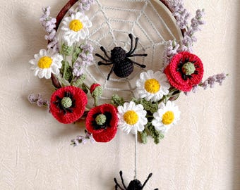 Crochet Spider Web Flower Wreath Pattern – Realistic Poppies, Daisies, Lavender and Spiders (PDF Tutorial)