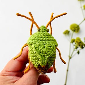 Op de afbeelding: Een gehaakt insectfiguurtje met een felgroen, getextureerd lichaam en een donkerbruin onderste gedeelte. Het insect heeft lange, dunne voelsprieten en pootjes van mosterdgeel garen, met kleine goudkleurige kraaloogjes.