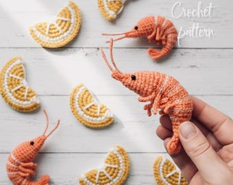 Crochet Shrimp & Lemon pattern - Amigurumi seafood and citrus - Bag charm, keychain, magnet