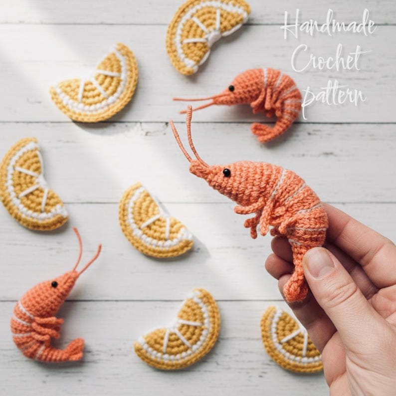Crochet Shrimp & Lemon pattern - Amigurumi seafood and citrus - Bag charm, keychain, magnet image 1