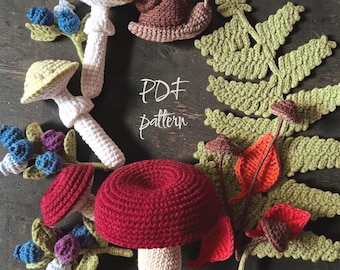 Crochet Mushrooms (Russula, Death Cap, Garlic Parachute), Fern, Autumn Leaves, Blueberries and Snail - PDF Pattern