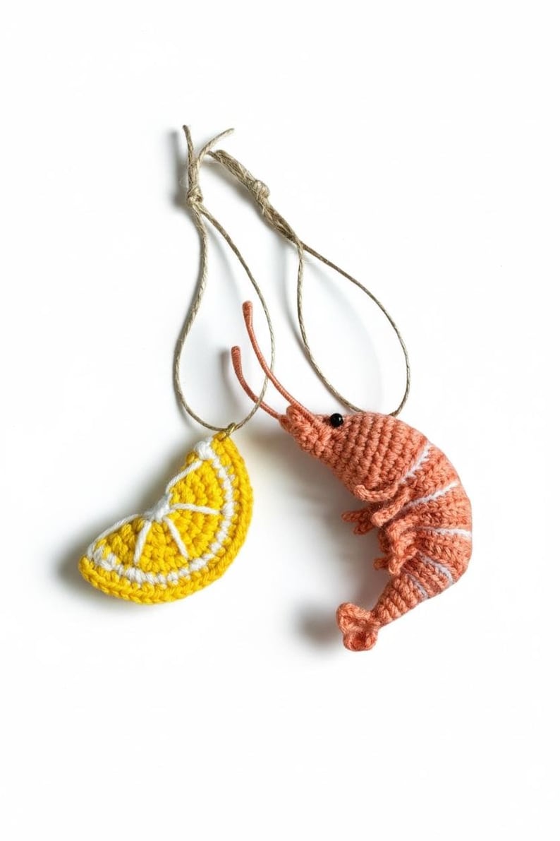May include: Crocheted food ornaments: a yellow lemon slice with white details and a pink shrimp with white stripes. Both are suspended by twine. These handmade ornaments are perfect for kitchen decor or as unique gifts.
