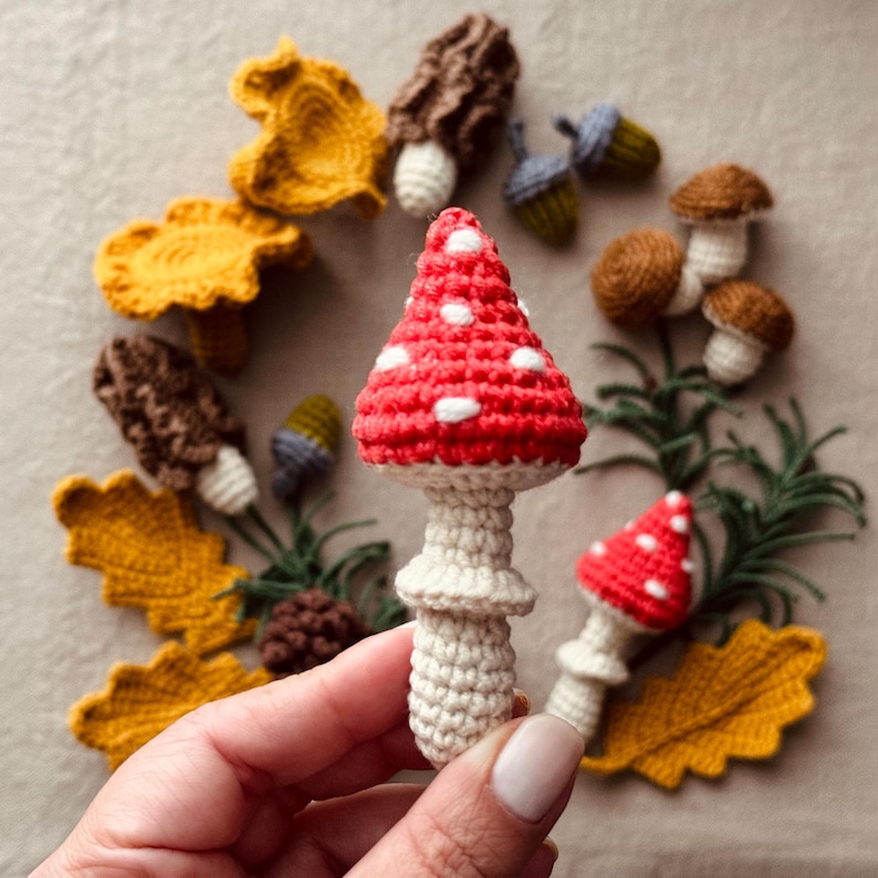 Pode incluir: Decora&ccedil;&otilde;es de outono feitas &agrave; m&atilde;o, incluindo cogumelos vermelhos com bolinhas brancas, folhas amarelas, cogumelos castanhos e bolotas. Os artigos feitos &agrave; m&atilde;o s&atilde;o dispostos sobre uma superf&iacute;cie neutra, mostrando os detalhes intrincados do trabalho em fio.