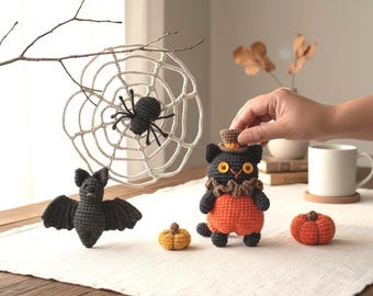 Mini Halloween Crochet Pattern Bundle 5-in-1, Spooky Cute Amigurumi Set: Spiderweb, Black Cat, Bat, Spider, Miniature Pumpkins PDF Tutorial