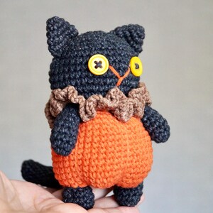 May include: A handmade crochet cat doll with a black head and limbs, orange body, and brown ruffled collar. The cat has yellow button eyes and a small black tail. A unique, whimsical plush toy.