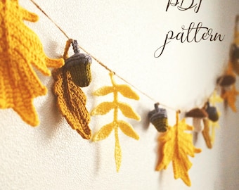 Crochet Garland Pattern: Oak, Maple, Ash leaves and Acorns (PDF Pattern)
