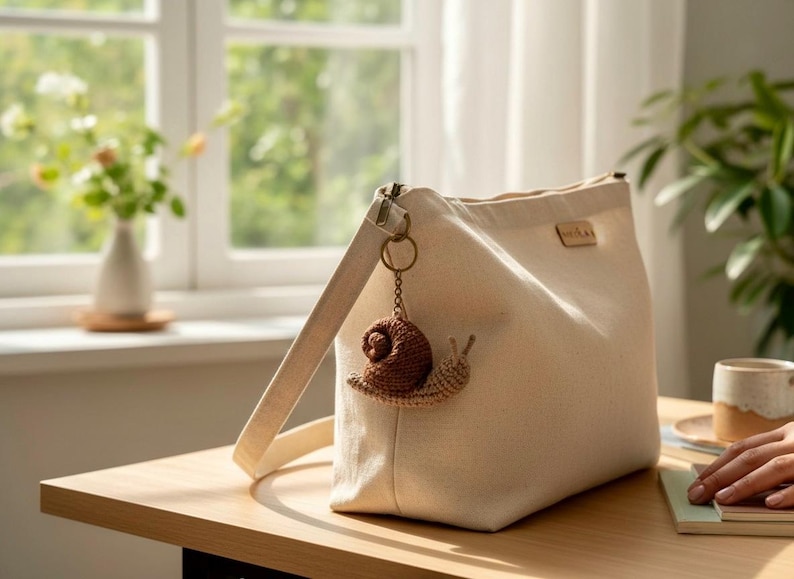 May include: A cream-colored canvas shoulder bag featuring a brown crocheted snail keychain attached to the side strap. The bag has a rectangular silhouette with a small rectangular brand label near the top edge and a sturdy shoulder strap.