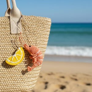Crochet Shrimp & Lemon pattern - Amigurumi seafood and citrus - Bag charm, keychain, magnet image 3