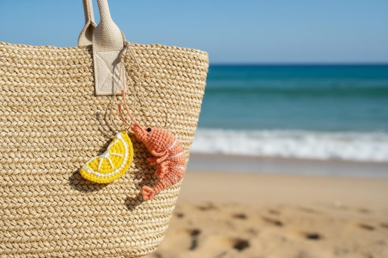 Crochet Shrimp & Lemon pattern - Amigurumi seafood and citrus - Bag charm, keychain, magnet image 3