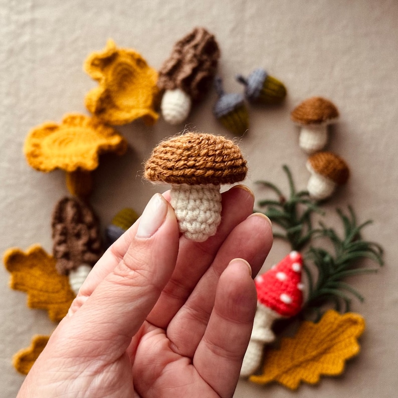 Pode incluir: Uma cole&ccedil;&atilde;o de cogumelos de croch&ecirc; feitos &agrave; m&atilde;o em v&aacute;rias cores e estilos. Um cogumelo com chap&eacute;u marrom e caule branco &eacute; segurado em uma m&atilde;o. Outros cogumelos incluem amarelo, marrom e vermelho com bolinhas brancas. Tamb&eacute;m est&atilde;o presentes galhos e folhas verdes.