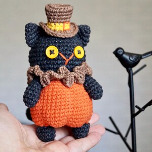 May include: A handmade crochet cat doll with a black body, orange pumpkin-shaped belly, and a brown top hat. The cat has yellow button eyes and a brown ruffled collar. A black metal bird decoration is in the background.