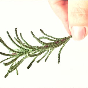 Op de afbeelding: Een handgemaakte gehaakte tak in groen- en bruintinten, die lijkt op een botanisch element. De tak wordt door een hand tegen een witte achtergrond gehouden. Het haakwerk is gedetailleerd en gestructureerd.