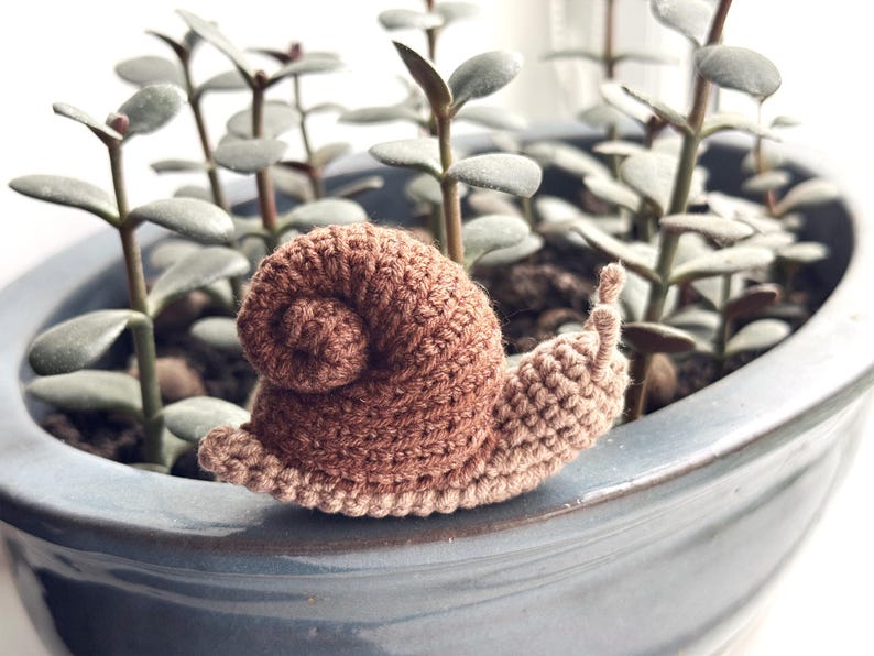 May include: A small, handcrafted crochet snail featuring a spiraled shell in a medium brown yarn and a lighter beige body. The snail has two small, upright antennae on its head and a textured, stitched surface throughout its entire form.