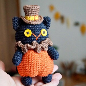 May include: A handmade crochet cat doll with a pumpkin-shaped body and a top hat. The cat is dark blue with yellow button eyes and a brown ruffled collar. The pumpkin body is orange. A charming Halloween decoration.
