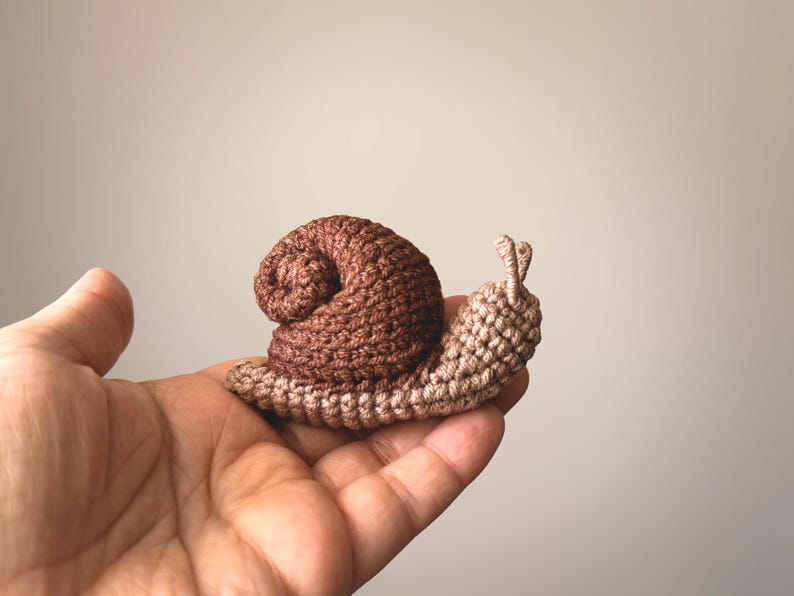 May include: A small, handcrafted crochet snail featuring a dark brown coiled shell and a light beige body. The snail has two small, upright antennae on its head and is constructed with visible yarn stitches, showcasing a textured, soft appearance.