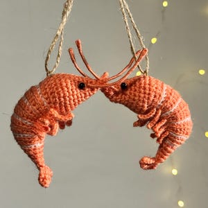 May include: Two handmade, orange crochet shrimp ornaments hanging from twine. Each shrimp has white stripes and black eyes. The shrimp are touching each other, suggesting a theme of love or friendship. The background is a soft, neutral color.