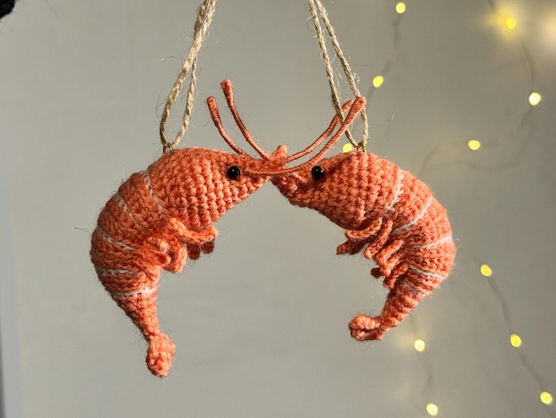 May include: Two handmade, orange crochet shrimp ornaments hanging from twine. Each shrimp has white stripes and black eyes. The shrimp are touching each other, suggesting a theme of love or friendship. The background is a soft, neutral color.
