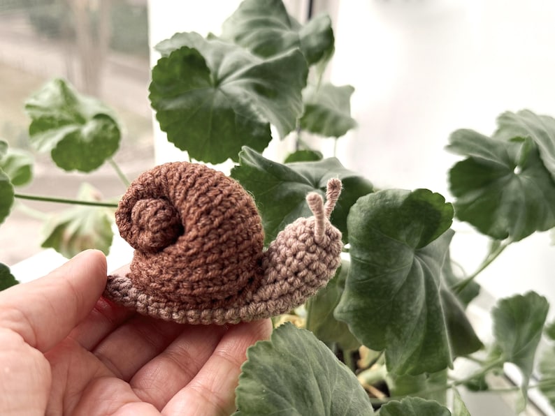 May include: A small, handcrafted crochet snail featuring a dark brown coiled shell and a light beige body with two small antennae. The textured yarn construction creates a soft, rounded appearance for this decorative stuffed animal figure.