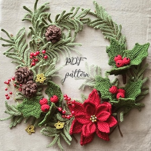Ensemble de couronnes de Noël hiver : pin, poinsettia, houx, étoiles et baies perlées - Modèle au crochet