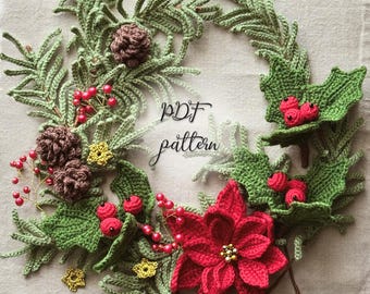 Conjunto de guirlanda de Natal de inverno: pinheiro, poinsétia, azevinho, estrelas e frutinhas com miçangas - Padrão de crochê