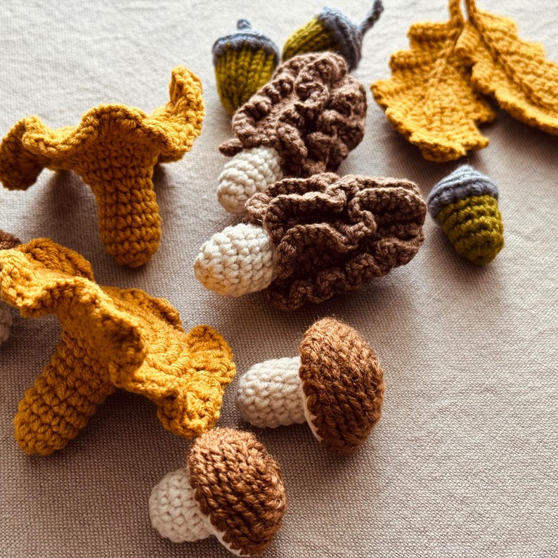 Pode incluir: Uma cole&ccedil;&atilde;o de itens de croch&ecirc; feitos &agrave; m&atilde;o, incluindo cogumelos, bolotas e folhas. Os cogumelos s&atilde;o em tons de marrom e branco, enquanto as folhas e alguns cogumelos s&atilde;o amarelo dourado. As bolotas s&atilde;o verdes e cinzentas.