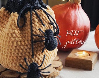 Crochet Pattern: Halloween Pumpkin Candy Pouch with Spiders (PDF Pattern)