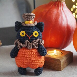 May include: A handmade crochet cat doll with a top hat, ruffled collar, and orange pumpkin-shaped body. The cat has button eyes and is set against a backdrop of pumpkins and a lit candle, evoking a Halloween theme.