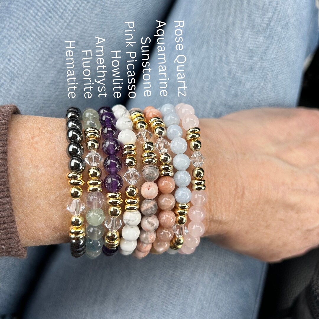 3PCS Semi-Precious Gemstone Bracelets - Healing Crystal Beaded Stretch Bracelets For Women & Men, 8mm Beads