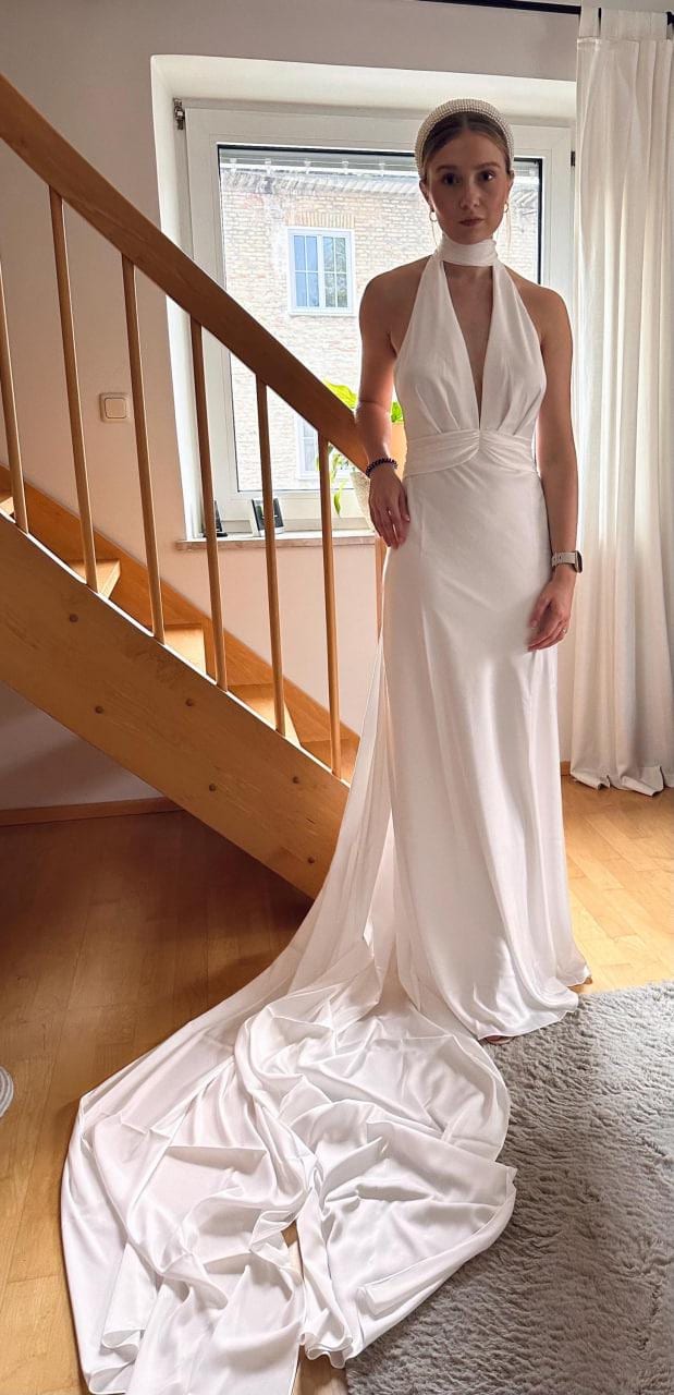 etsy backless wedding dress Backless Halter Wedding Gown With Flowing Cape/v Backless Wedding Dress/hollywood  Style Bridal Dress /reception Backless Ivory Dress/